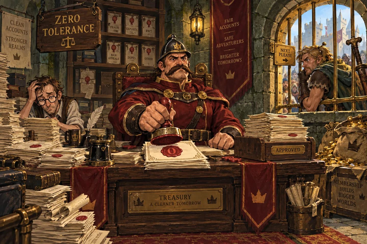 A deadpan medieval treasury official stamps orders while an exhausted clerk files paperwork and adventurers wait for certificates.