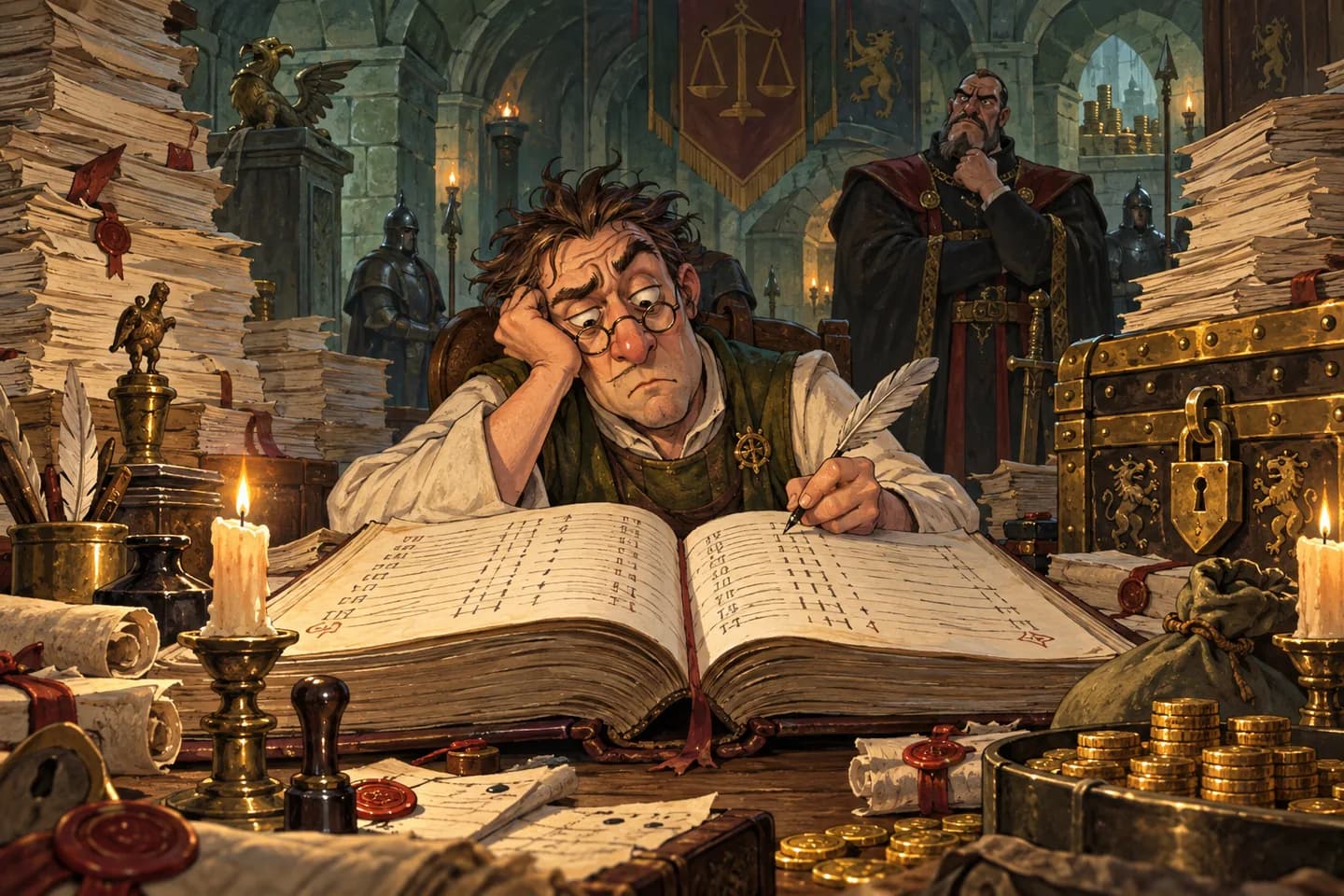 An exhausted fantasy accountant keeps the department’s enormous public ledger.